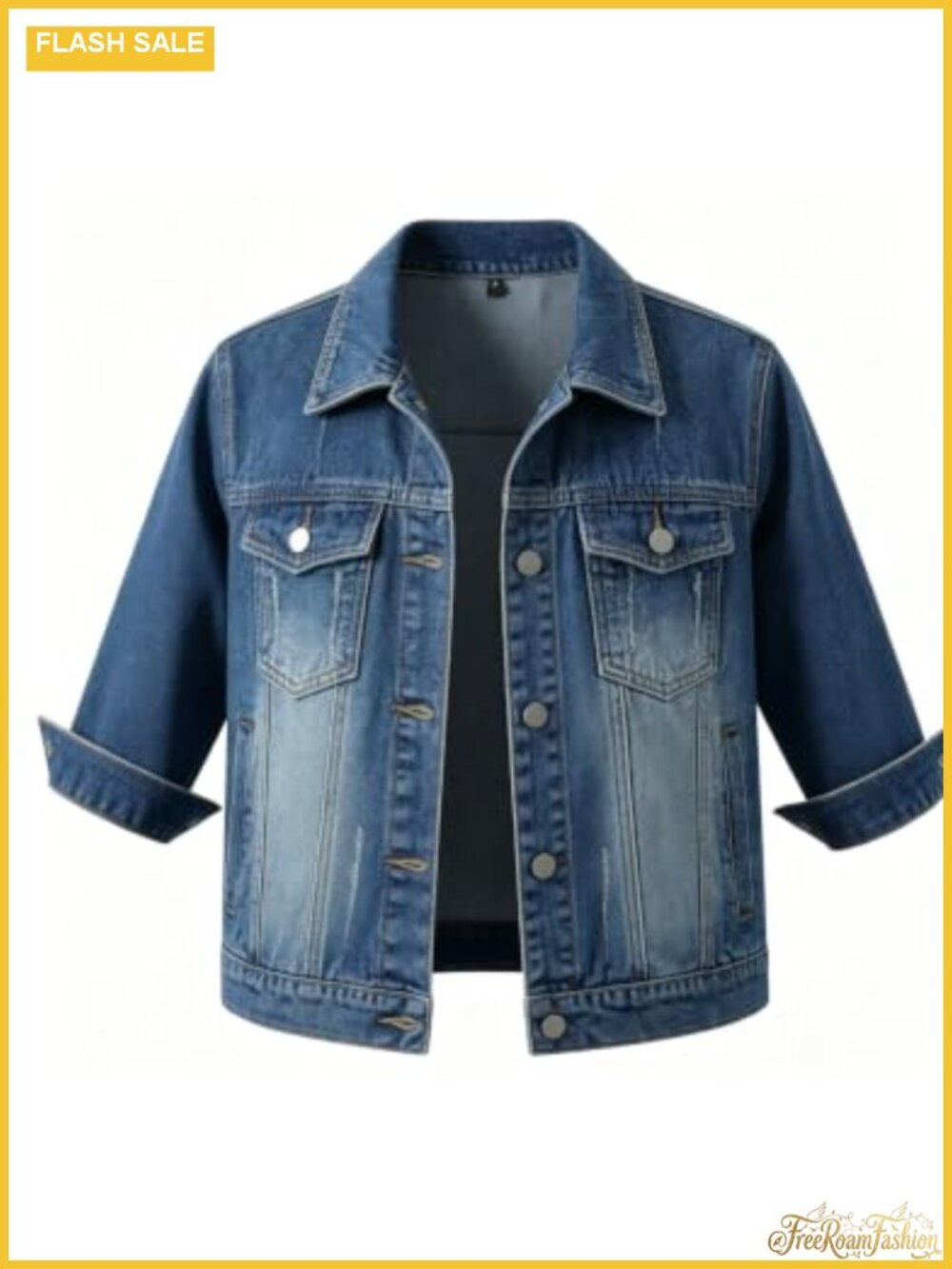 3/4 Sleeve Distressed Slim Crop Denim Jacket